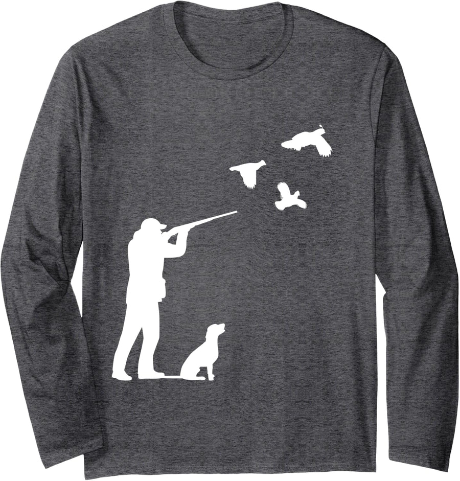 Quail Hunting Bird Men Hunter Dog Long Sleeve T-Shirt - Adult Unisex Dark Heather Grey