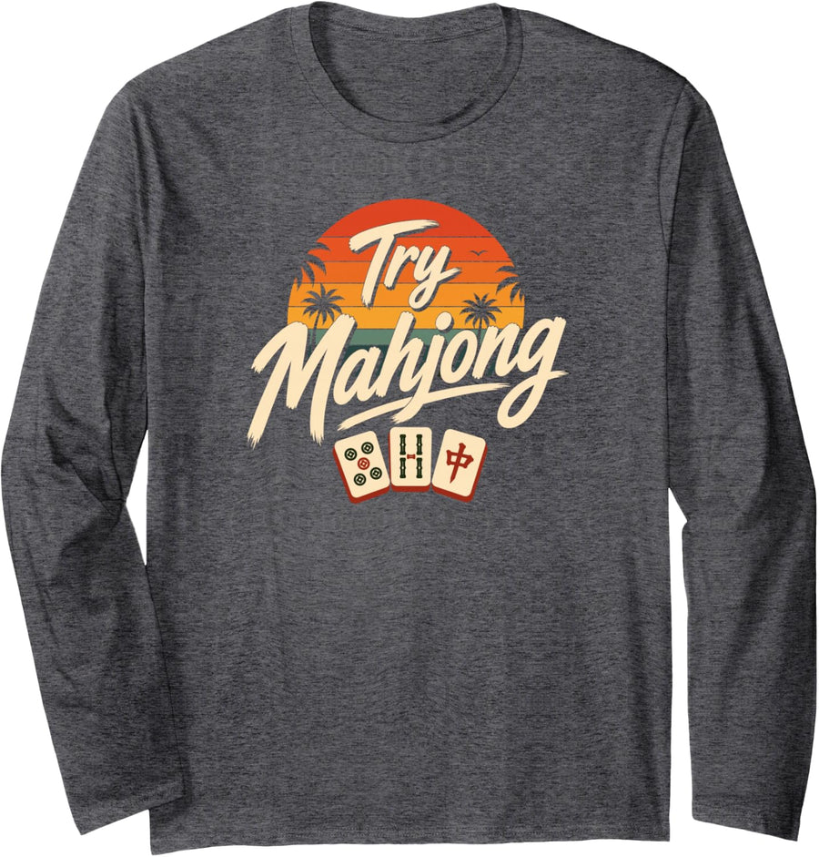 Try Mahjong Retro Sunset Mah Jongg Summer Game Pause Long Sleeve T-Shirt - Adult Unisex Dark Heather Grey