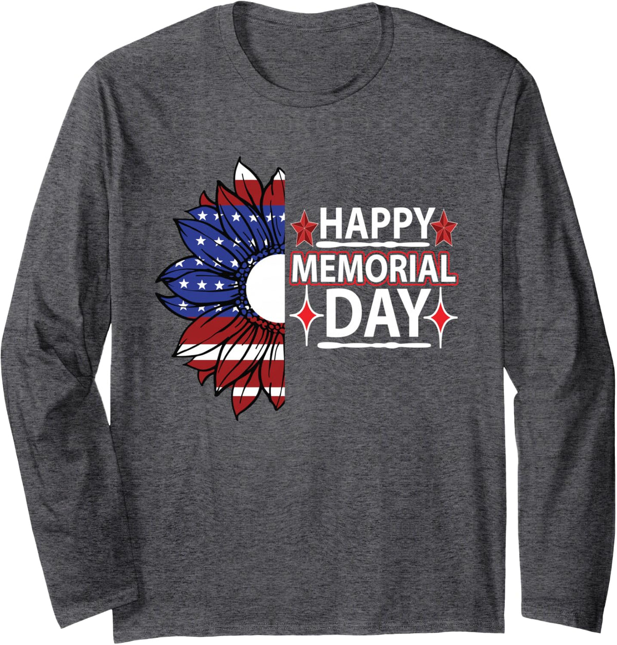Happy Memorial Day Sunflower USA Flag American Flag Long Sleeve T-Shirt - Adult Unisex Dark Heather Grey
