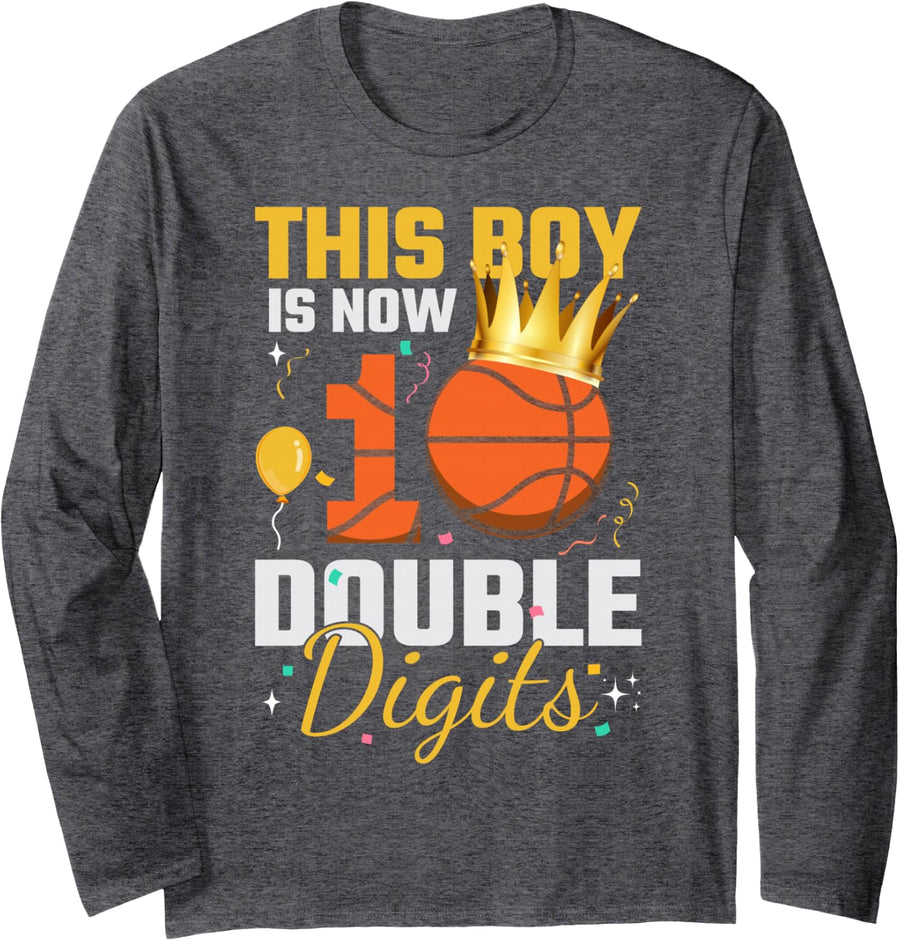 10 Year Old Boy Basketball Double Digits 10th Birthday Kids Long Sleeve T-Shirt - Adult Unisex Dark Heather Grey