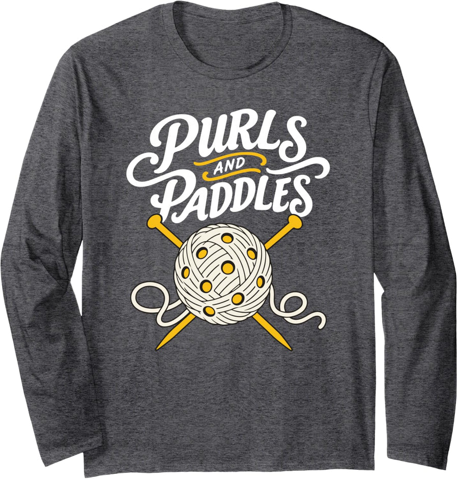 Pickleball Knitting Yarn Paddle Humor Long Sleeve T-Shirt - Adult Unisex Dark Heather Grey