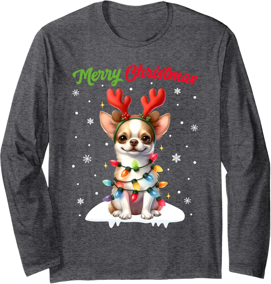Christmas Pajamas Men Women Kids Christmas Chihuahua Dog Long Sleeve T-Shirt - Adult Unisex Dark Heather Grey