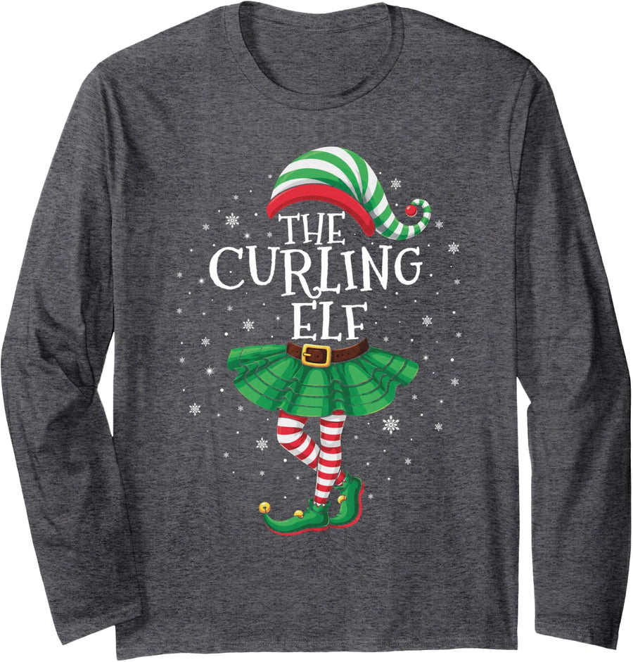 Family Matching Men Women Funny The Curling Elf Christmas Long Sleeve T-Shirt - Adult Unisex Dark Heather Grey