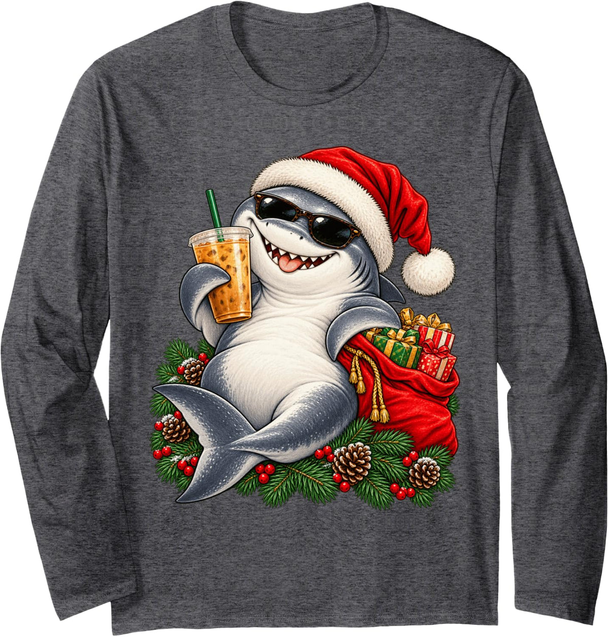 Smiling Shark Christmas Iced Coffee Sunglasses Holiday Funny Long Sleeve T-Shirt - Adult Unisex Dark Heather Grey