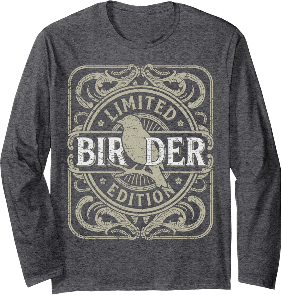 Birder Vintage Birdwatching Retro Birding Birdwatcher Long Sleeve T-Shirt - Adult Unisex Dark Heather Grey