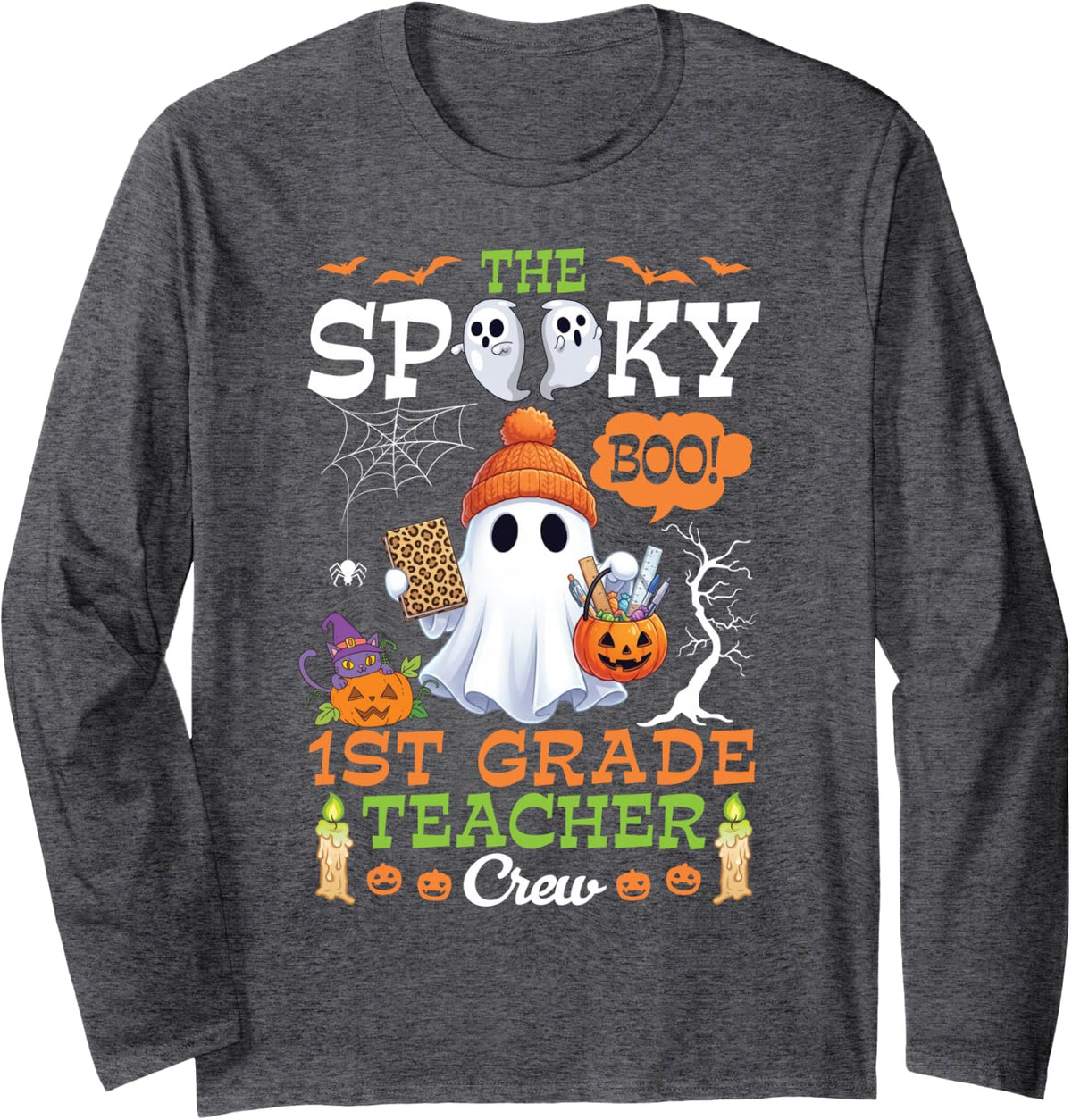 The Spooky Boo 1st Grade Teacher Crew Halloween Cute Ghost Long Sleeve T-Shirt - Adult Unisex Dark Heather Grey