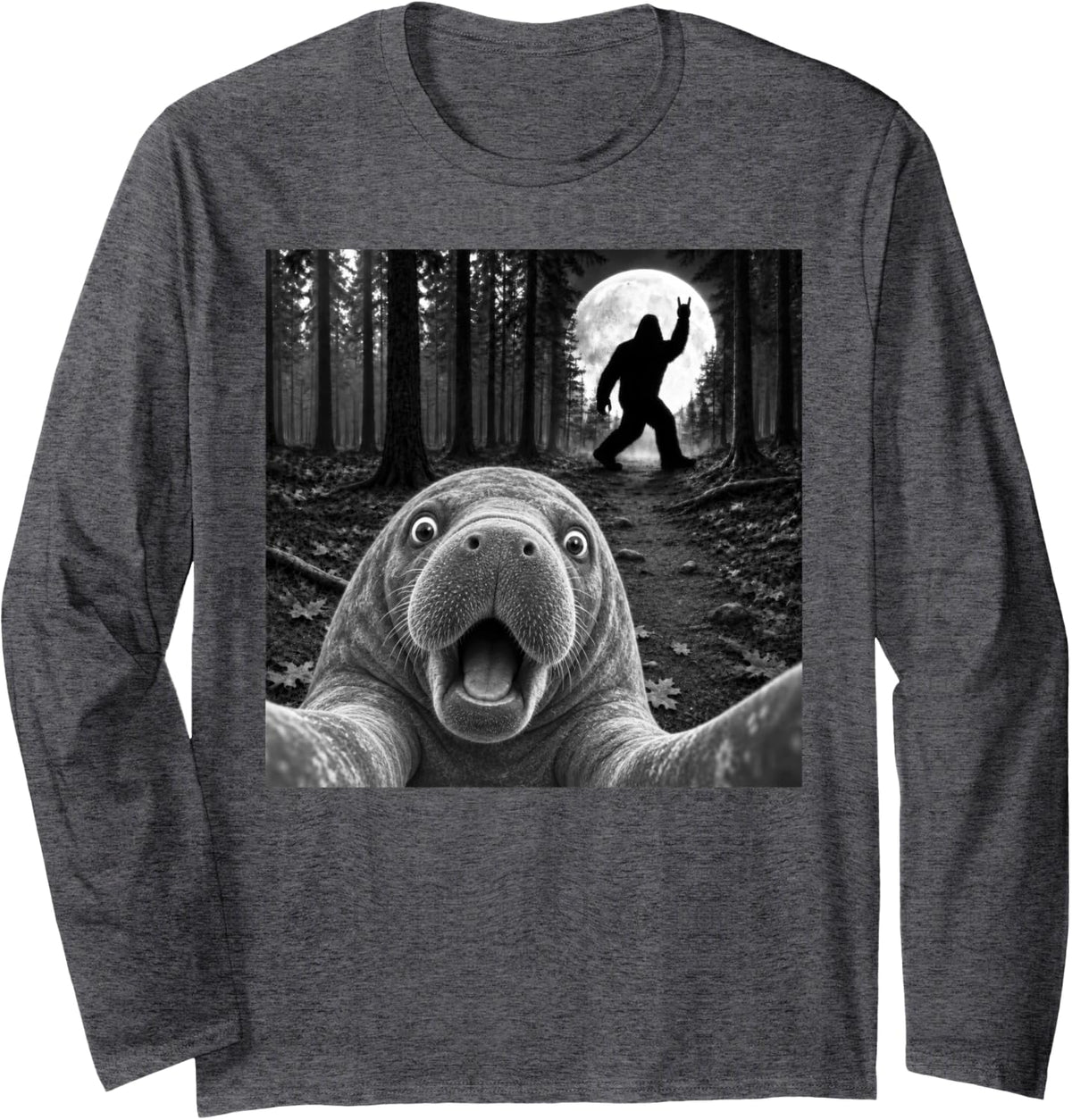 Manatee Selfie with Bigfoot Rock and Roll Sasquatch Long Sleeve T-Shirt - Adult Unisex Dark Heather Grey