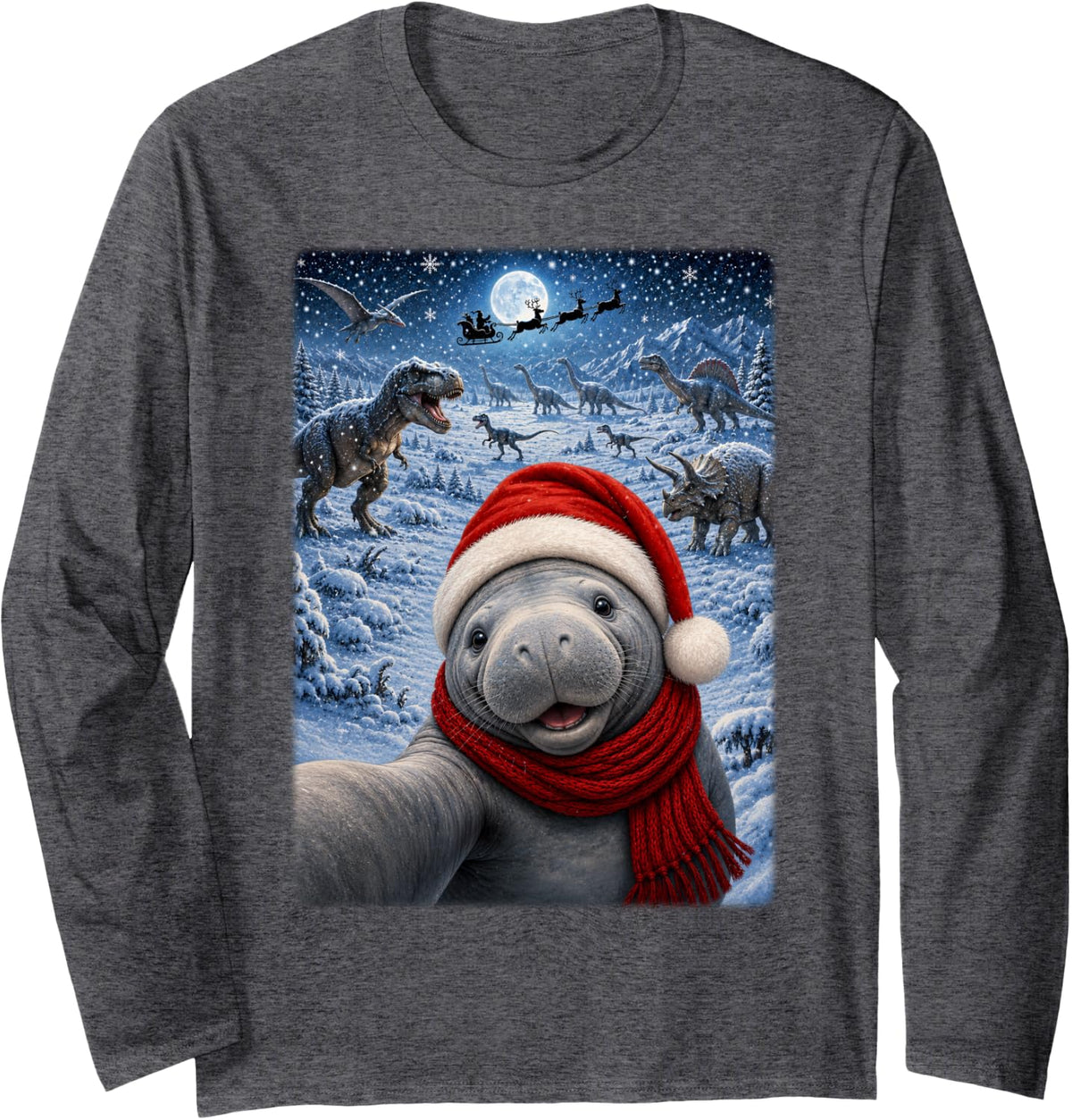Xmas Dinosaurs Moon Night Starry Themed Manatee Christmas Long Sleeve T-Shirt - Adult Unisex Dark Heather Grey