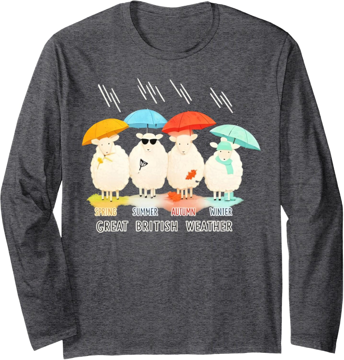 Great British Weather Spring Summer Autumn Winter Sheep Long Sleeve T-Shirt - Adult Unisex Dark Heather Grey