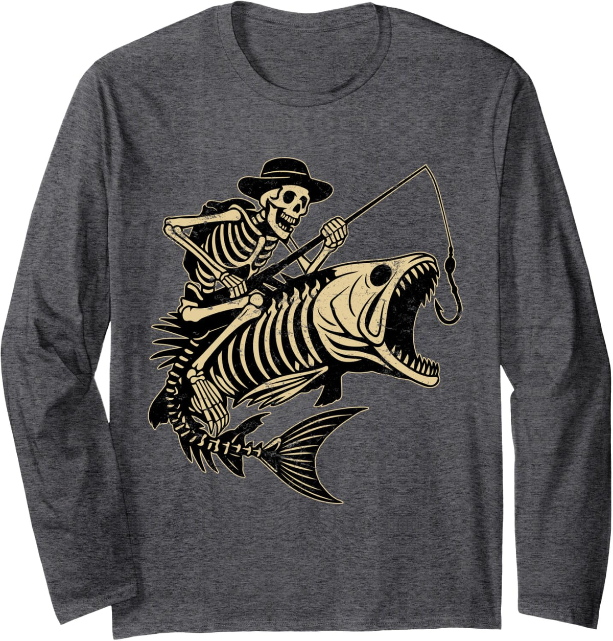Fisherman Halloween Bass Fish Skull Skeleton Fishing Men Dad Long Sleeve T-Shirt - Adult Unisex Dark Heather Grey