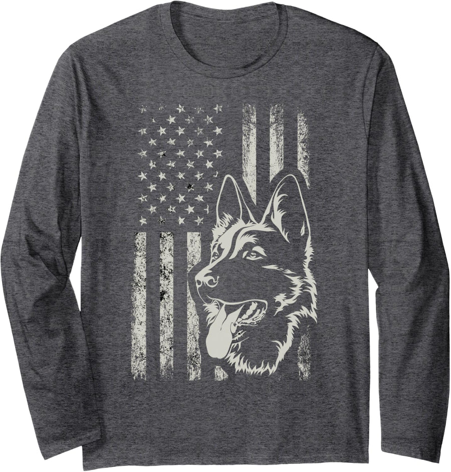 Patriotic German Shepherd AMERICAN FLAG 4th Of July Shepherd Long Sleeve T-Shirt - Adult Unisex Dark Heather Grey