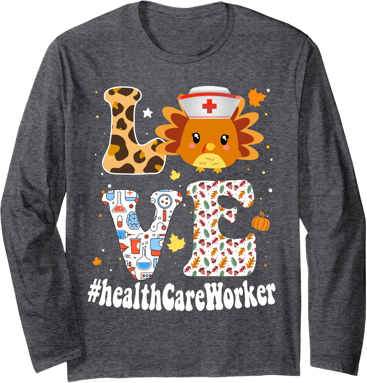 Retro Gobble Gobble Thanksgiving Health Care Worker Turkey Long Sleeve T-Shirt - Adult Unisex Dark Heather Grey