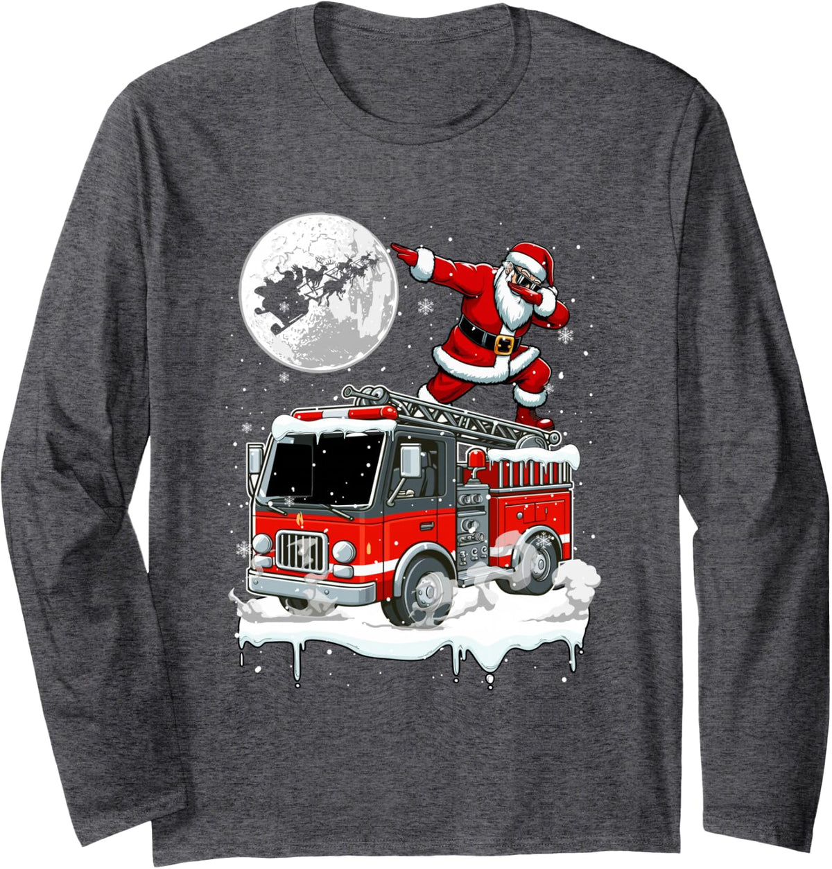 Santa Dabbing On Fire Truck Christmas Driver Lover Kids Long Sleeve T-Shirt - Adult Unisex Dark Heather Grey