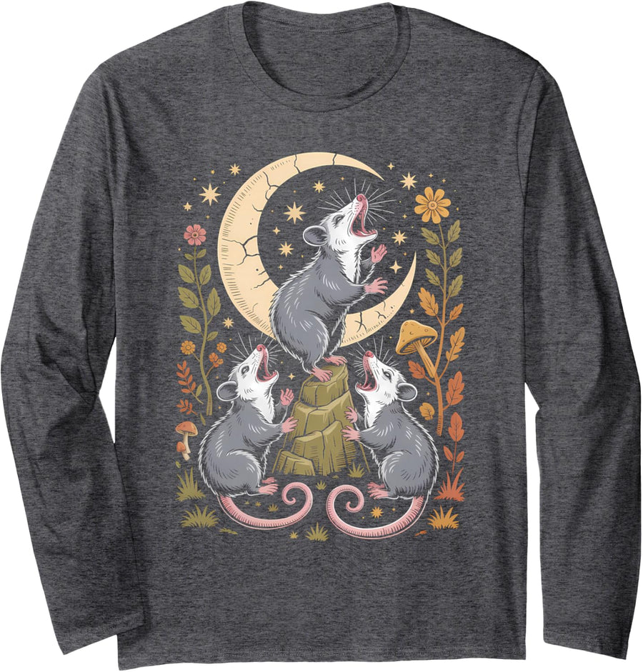 Opossum Howling At The Moon Night Forest Wildlife Long Sleeve T-Shirt - Adult Unisex Dark Heather Grey