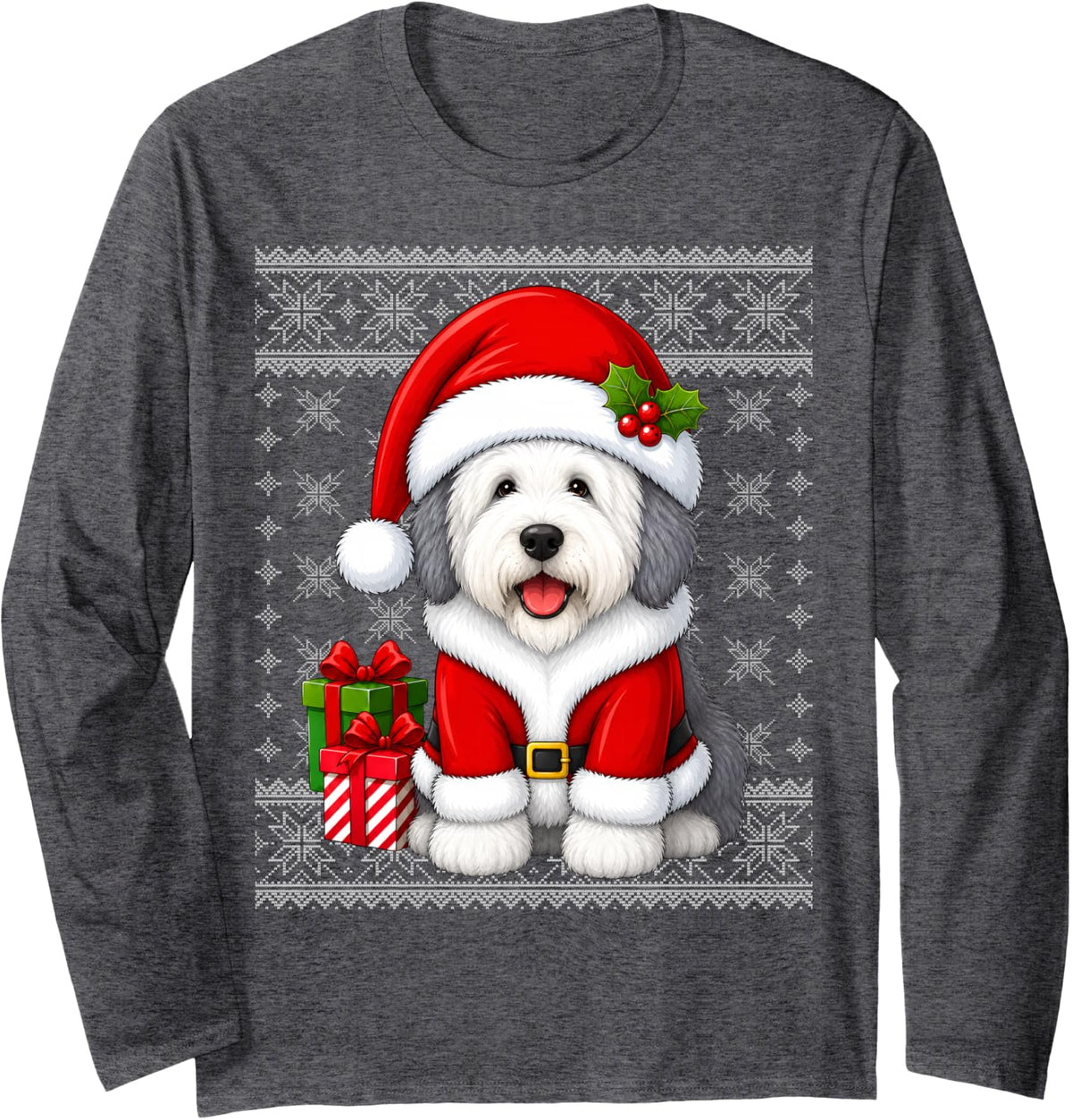 English Sheepdog Christmas Santa Costume Ugly Sweaters Xmas Long Sleeve T-Shirt - Adult Unisex Dark Heather Grey