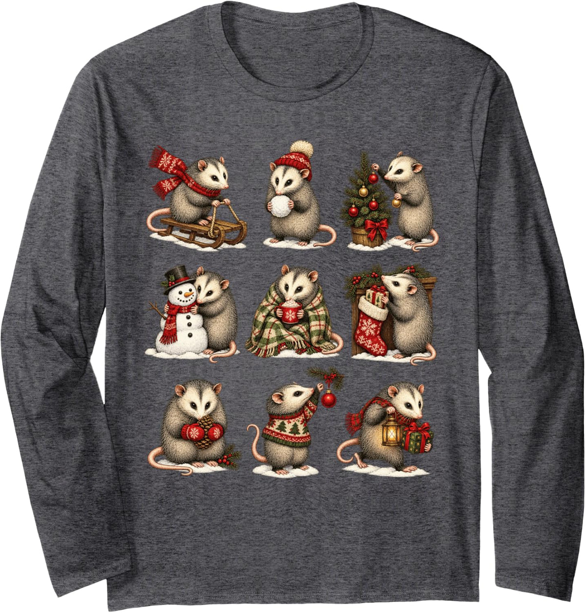 Christmas Opossum Cute Woodland Critter Holiday Design Long Sleeve T-Shirt - Adult Unisex Dark Heather Grey