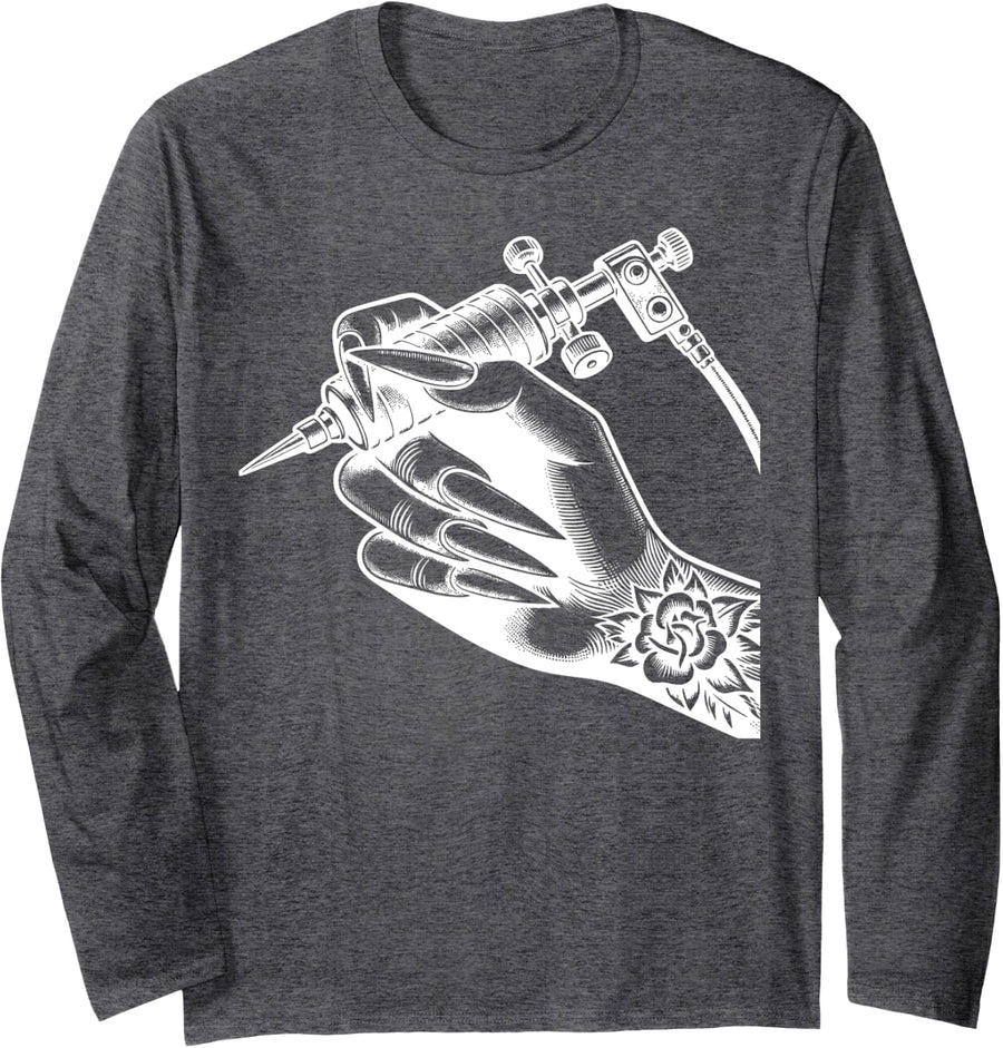 Hand Holding Tattoo Machine Detailed Illustration Long Sleeve T-Shirt - Adult Unisex Dark Heather Grey