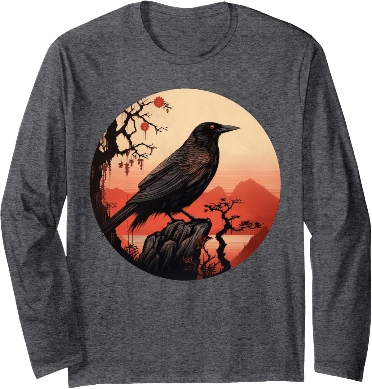 Red Moon Raven Graphic Black Crow Design Long Sleeve T-Shirt - Adult Unisex Dark Heather Grey