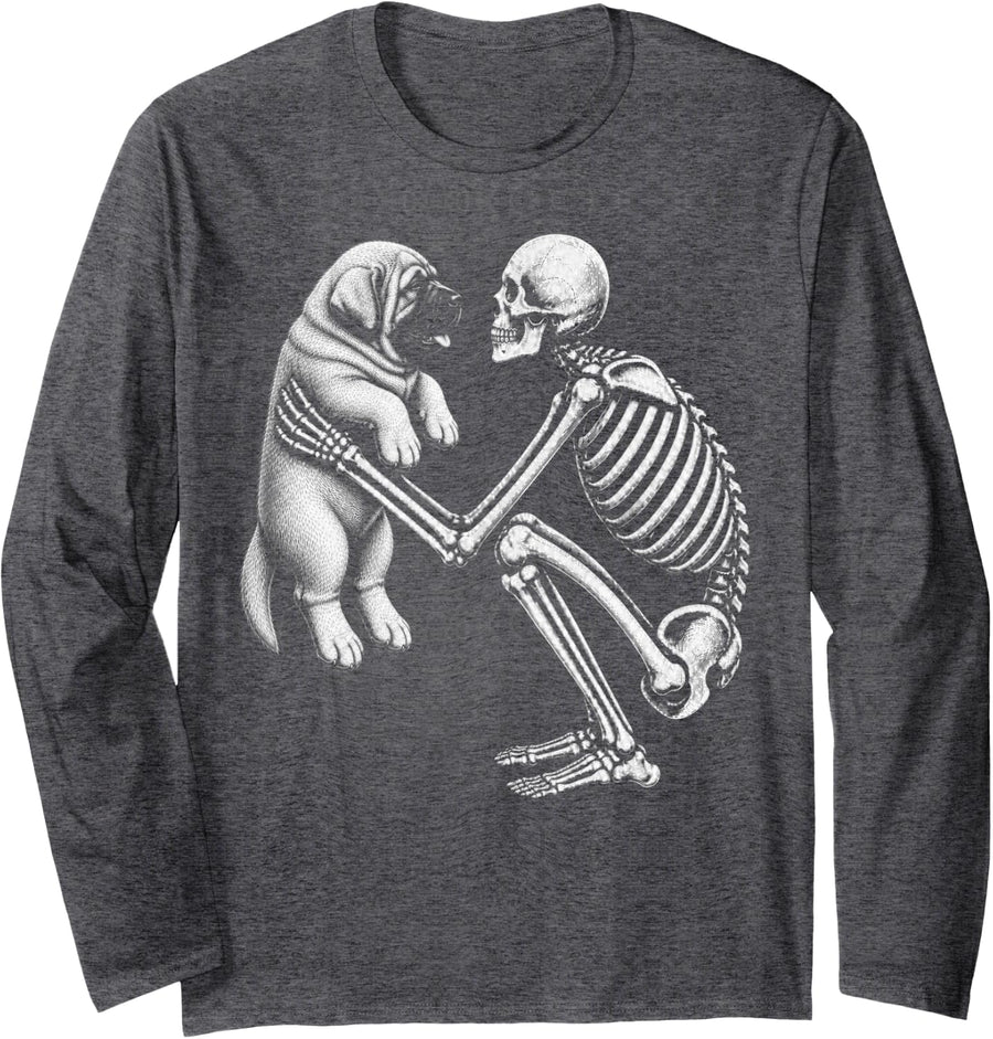 Skeleton Holding English Mastiff Retro Halloween Dog Long Sleeve T-Shirt - Adult Unisex Dark Heather Grey