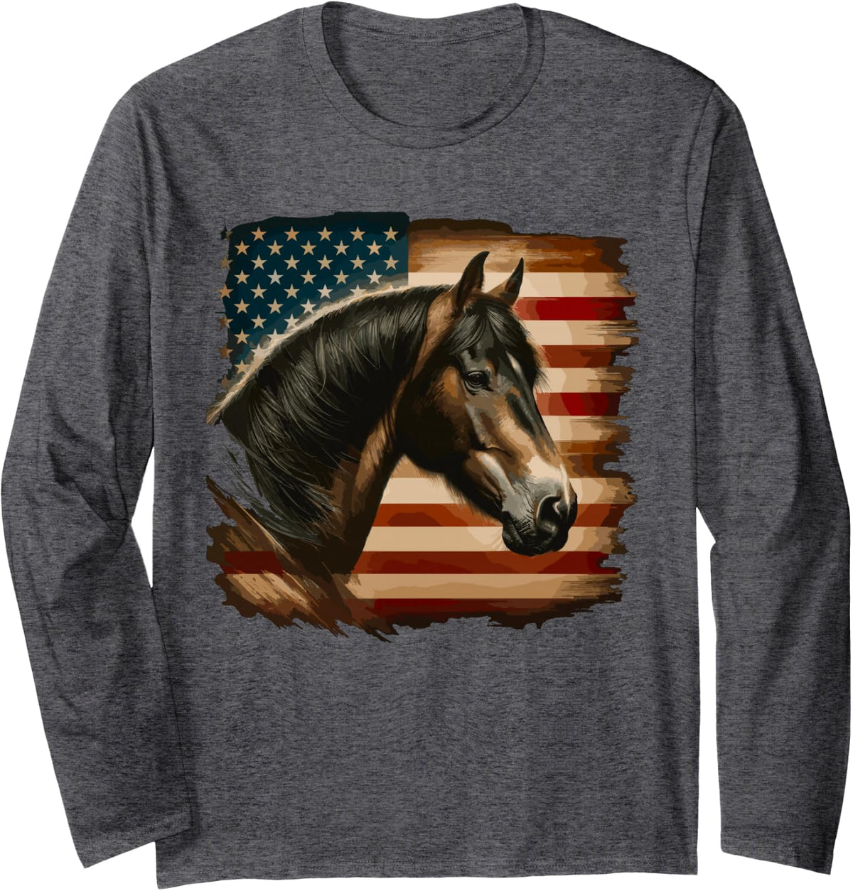 American Flag Patriotic Horse Horseback Riding Western Farm Long Sleeve T-Shirt - Adult Unisex Dark Heather Grey