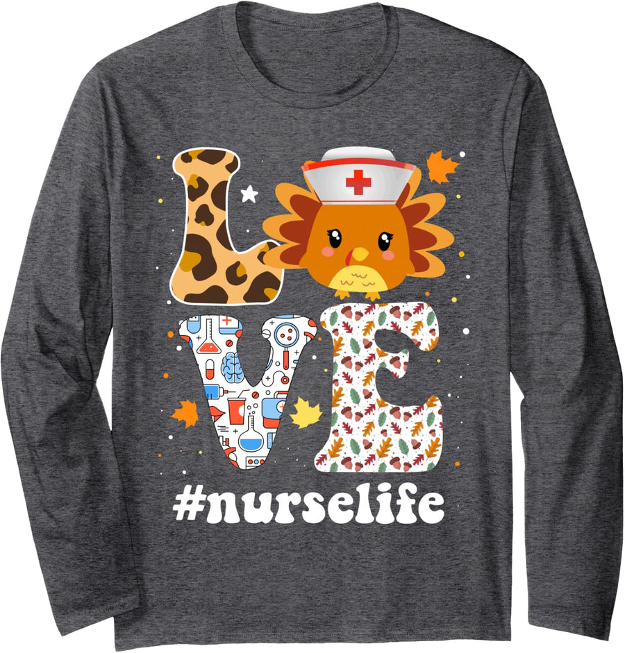 Retro Gobble Gobble Thanksgiving Nurse Life Turkey RN ER Long Sleeve T-Shirt - Adult Unisex Dark Heather Grey