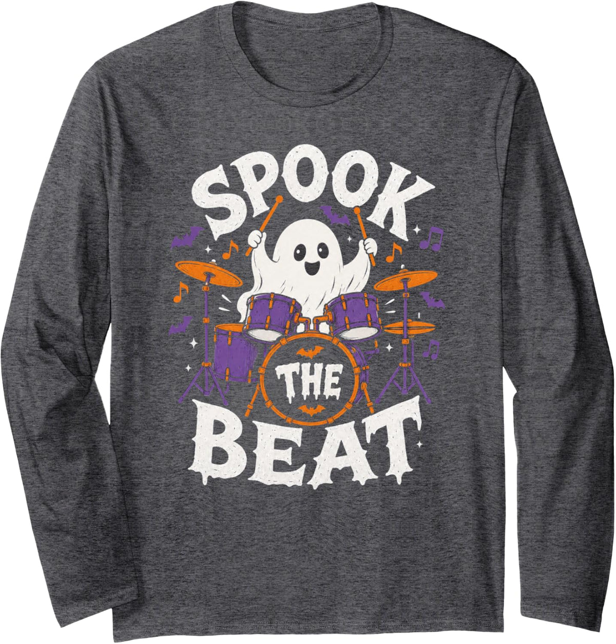 Halloween Drummer Ghost Spook The Beat Long Sleeve T-Shirt - Adult Unisex Dark Heather Grey