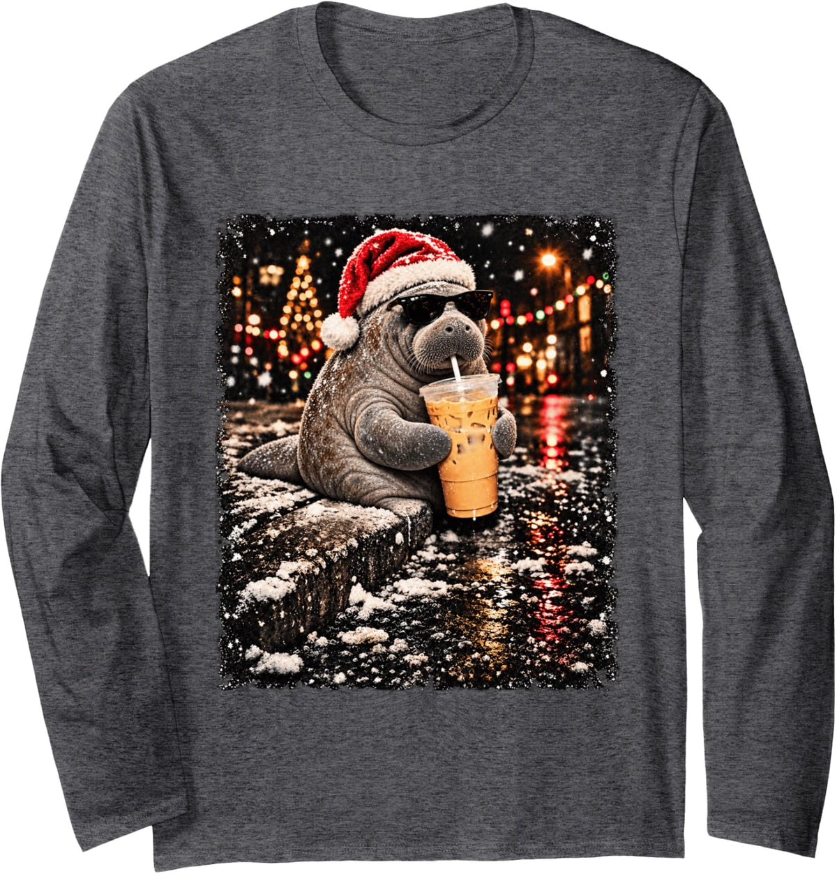 Funny Manatee Drinking Iced Coffee Christmas Animal Meme Long Sleeve T-Shirt - Adult Unisex Dark Heather Grey
