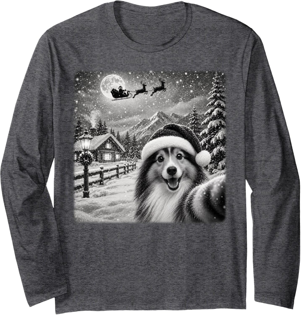 Xmas Moon Night Santa Sleigh Shetland Sheepdog Christmas Long Sleeve T-Shirt - Adult Unisex Dark Heather Grey