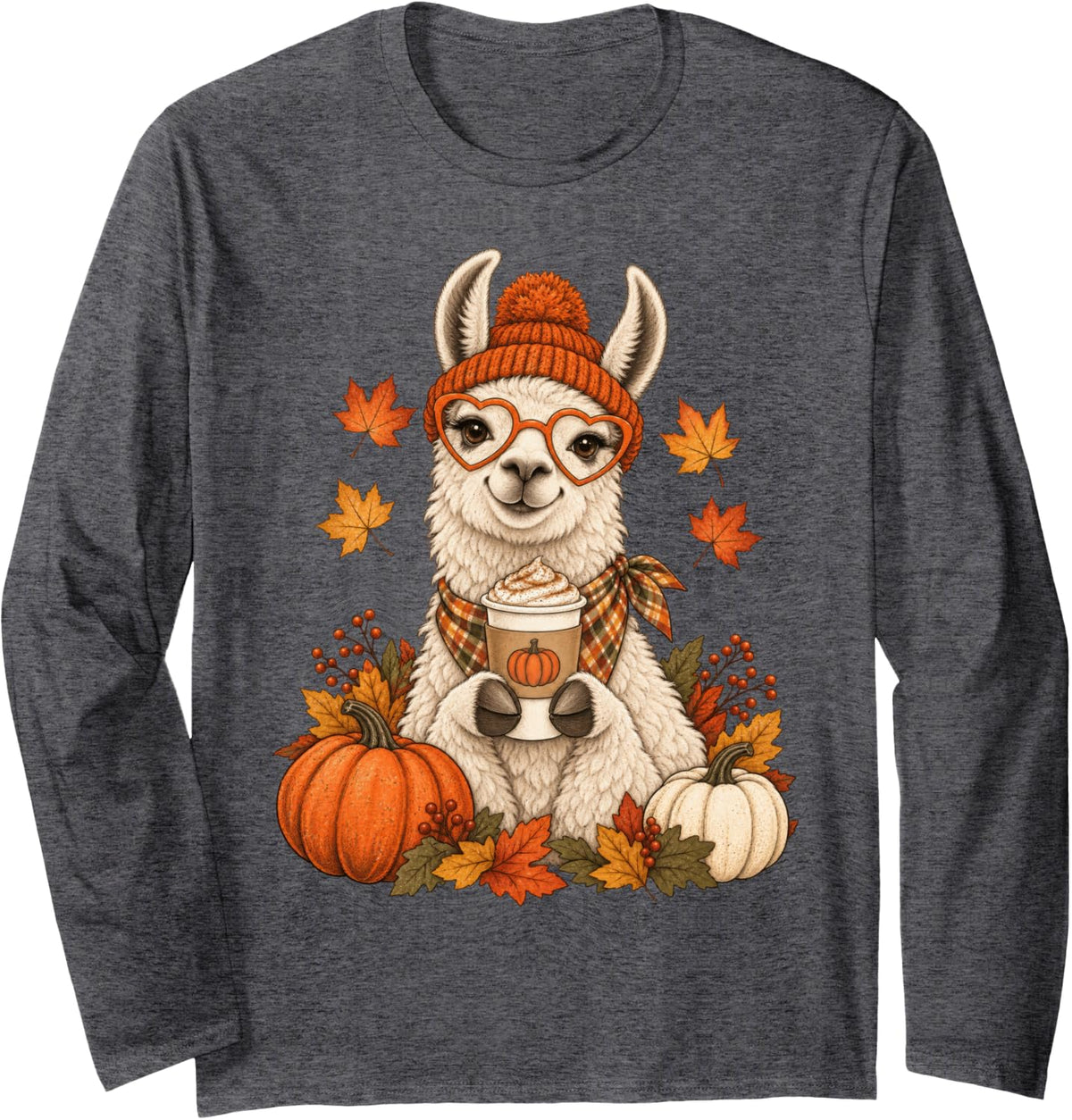 Llama Fall Autumn Season Pumpkin Spice Long Sleeve T-Shirt - Adult Unisex Dark Heather Grey