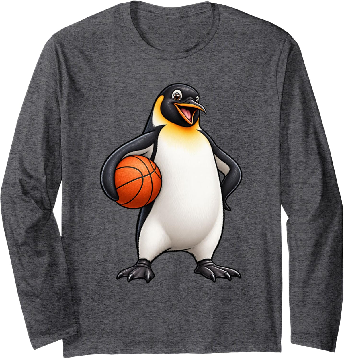 Funny Penguin with A Basketball Long Sleeve T-Shirt - Adult Unisex Dark Heather Grey
