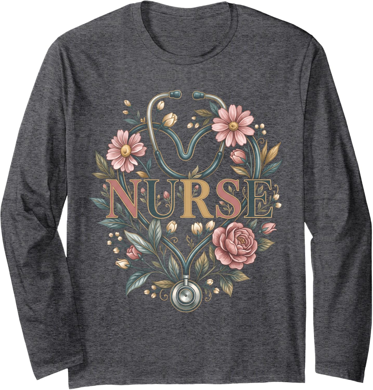 Vintage Floral Nurse Stethoscope Heart Botanical Long Sleeve T-Shirt - Adult Unisex Dark Heather Grey