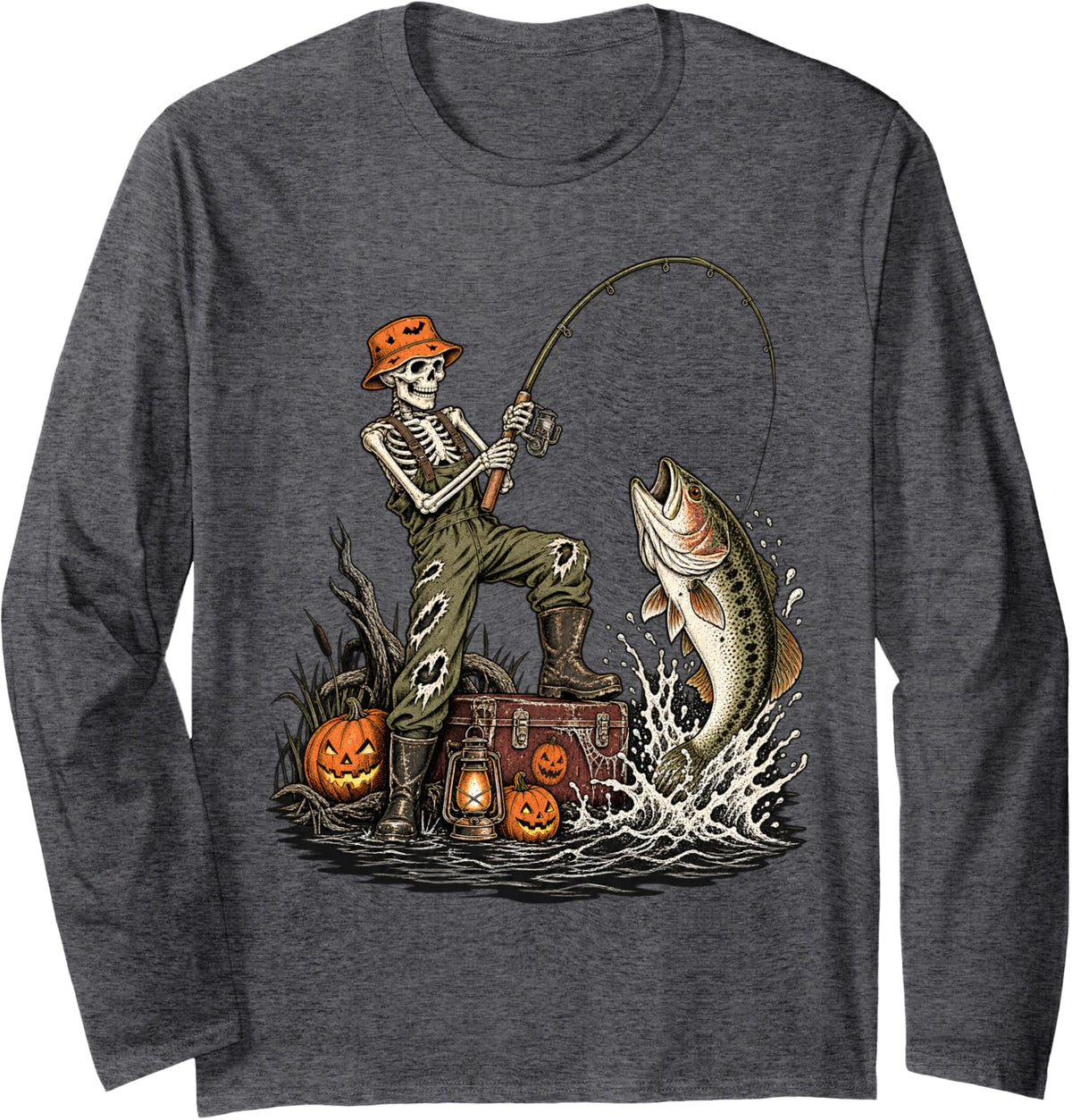 Halloween Skeleton Fishing Angler Bass Fisherman Long Sleeve T-Shirt - Adult Unisex Dark Heather Grey