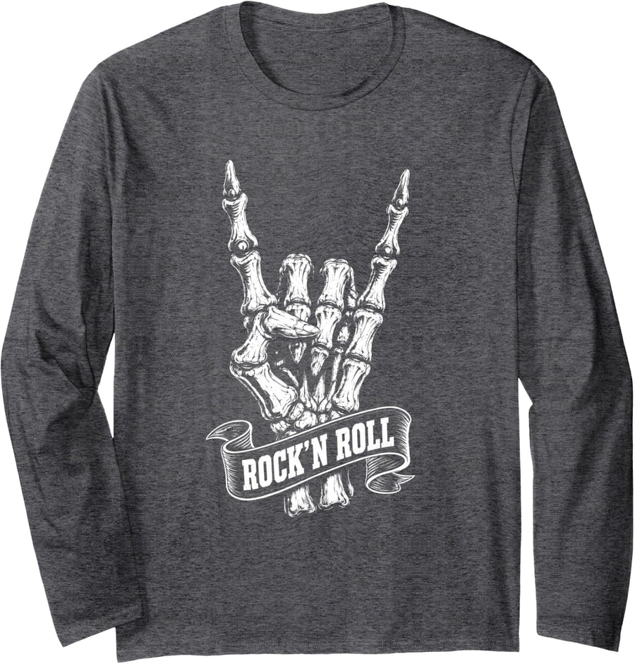 Rock N Roll Skeleton Hand Rock Horns Music Design Long Sleeve T-Shirt - Adult Unisex Dark Heather Grey