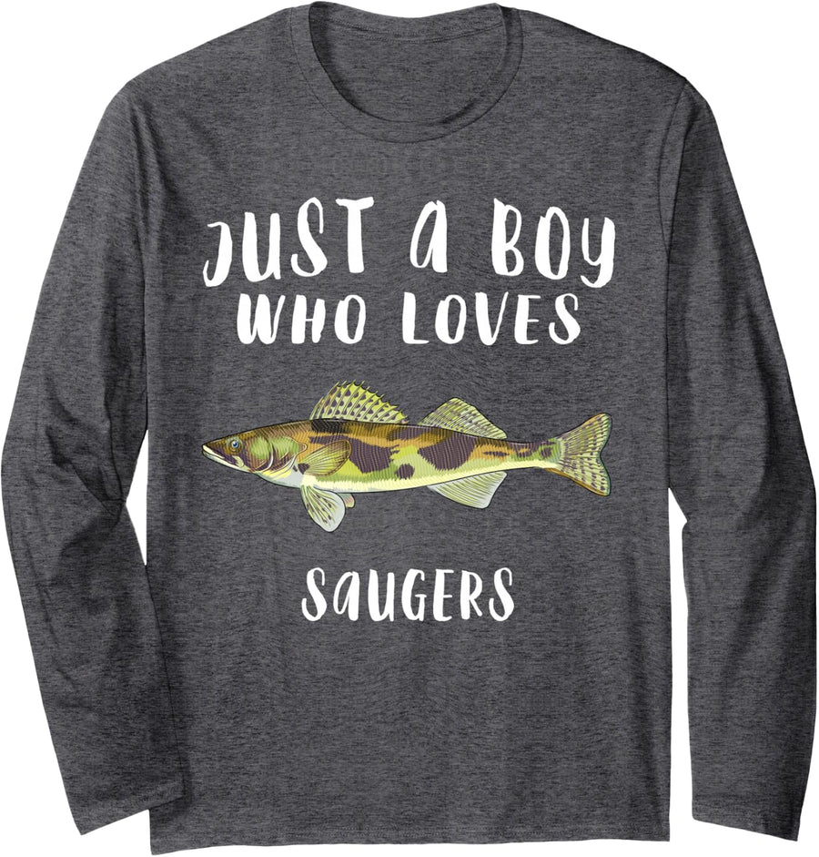 Just A Boy Who Loves Sauger Fish Lover Long Sleeve T-Shirt - Adult Unisex Dark Heather Grey