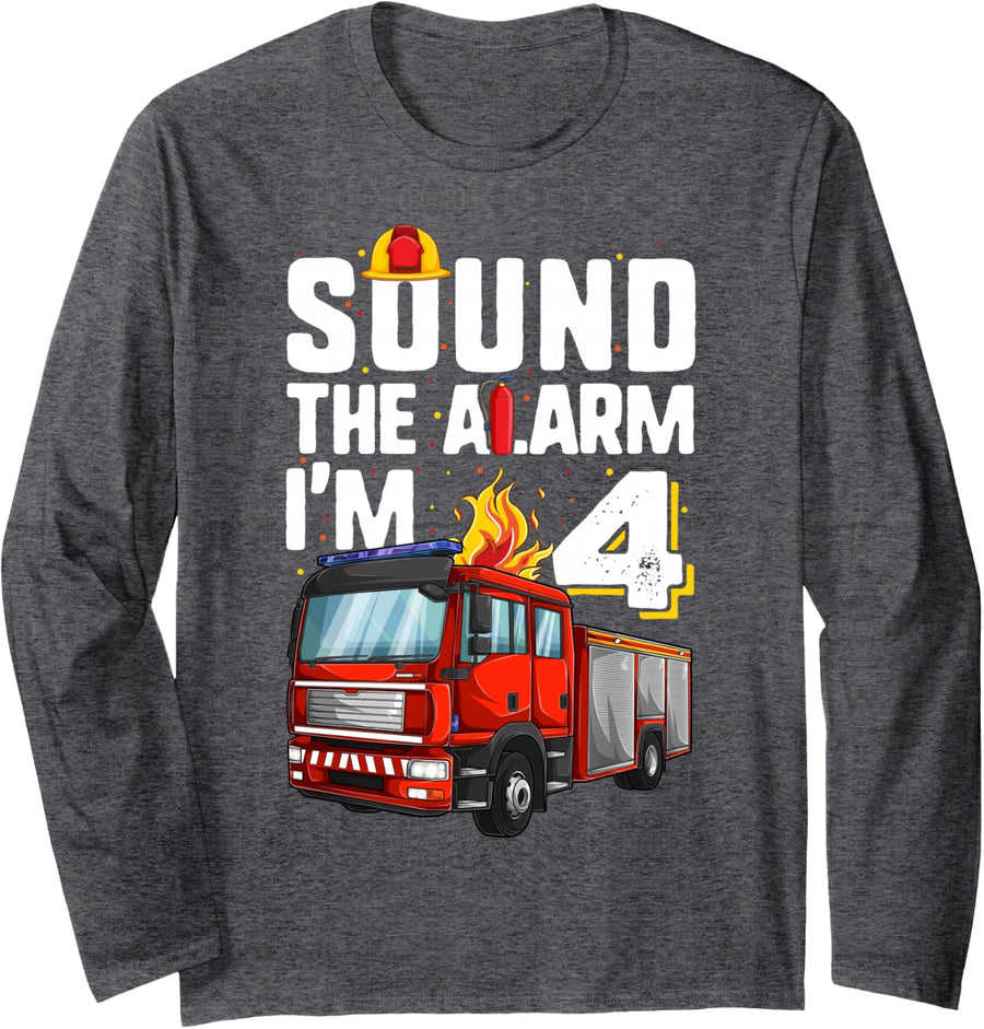 4 Years Old Firetruck Shirt, Birthday Toddler Firefighter Long Sleeve T-Shirt - Adult Unisex Dark Heather Grey