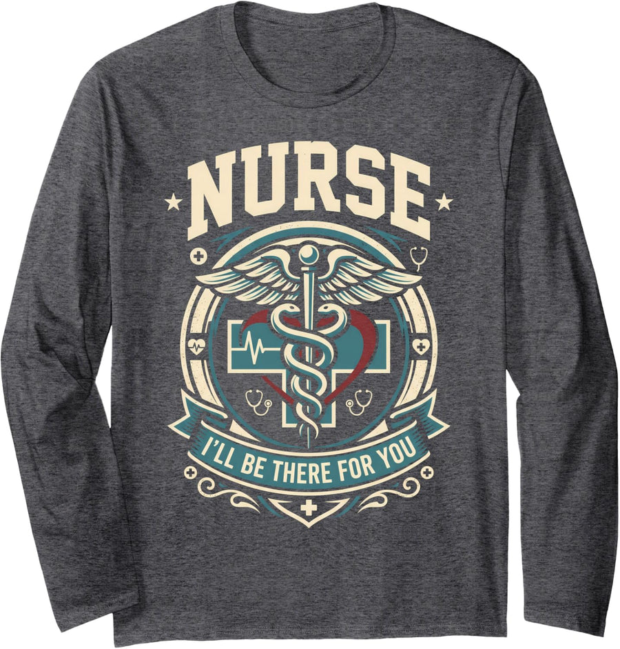 Vintage Nurse Caduceus Emblem Medical Stethoscope Long Sleeve T-Shirt - Adult Unisex Dark Heather Grey
