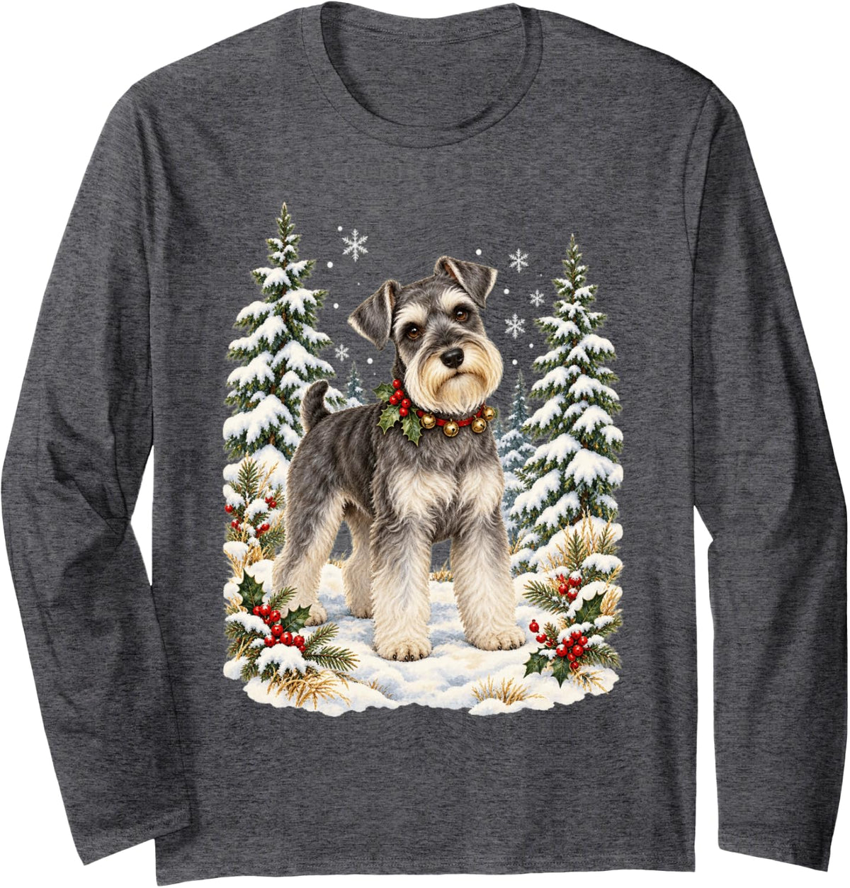 Vintage Miniature Schnauzer Christmas Snowy Woodland Dog Long Sleeve T-Shirt - Adult Unisex Dark Heather Grey