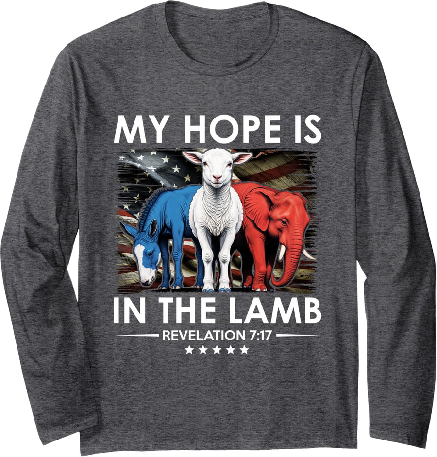 My Hope is in the Lamb Elephant Donkey USA Funny Scripture Long Sleeve T-Shirt - Adult Unisex Dark Heather Grey