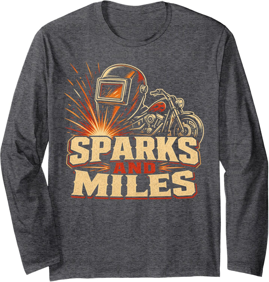 Sparks and Miles Welder Motorcycle Rider Long Sleeve T-Shirt - Adult Unisex Dark Heather Grey