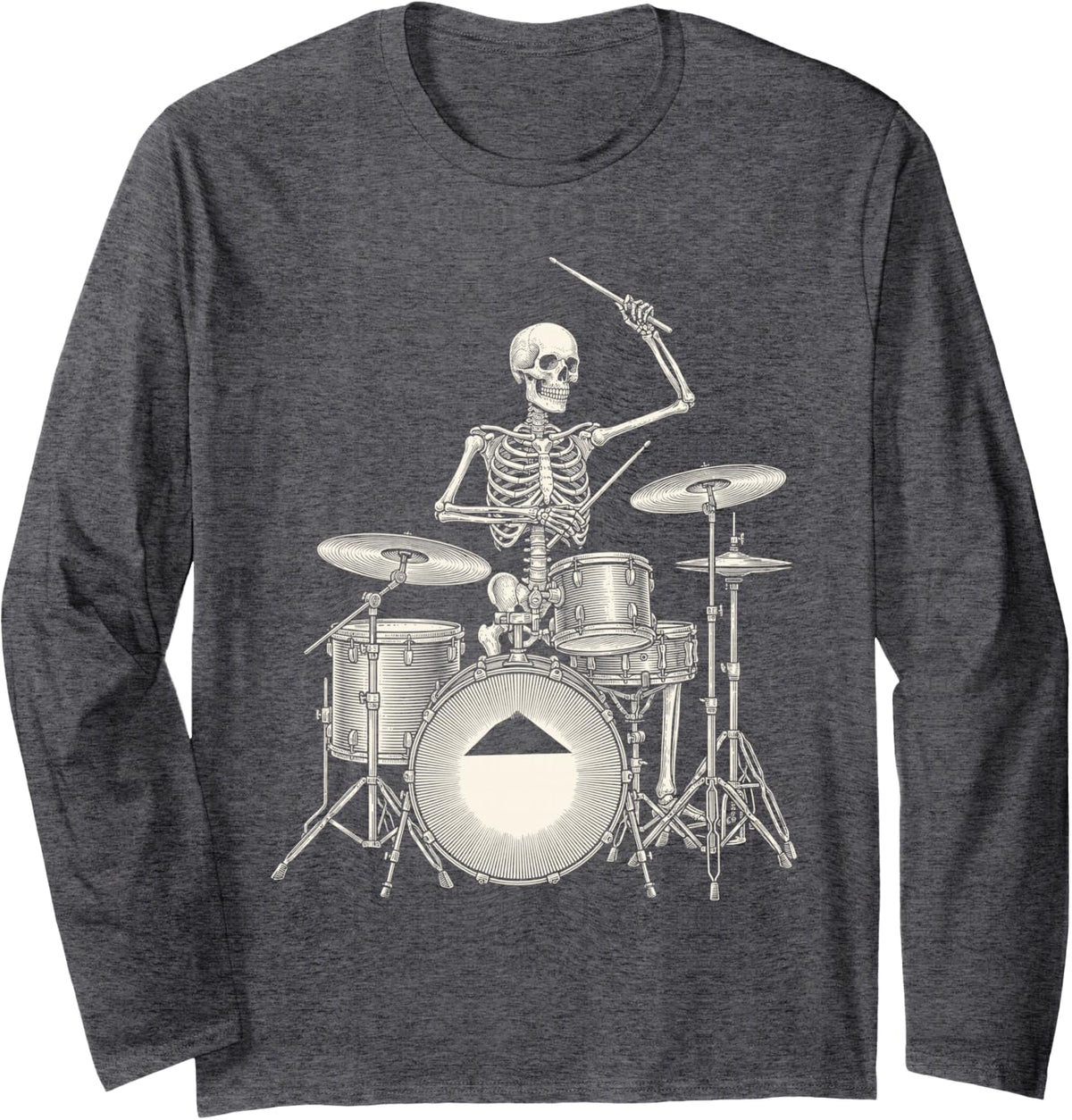 Vintage Skeleton Drummer Drum Set Drums Musician Music Band Long Sleeve T-Shirt - Adult Unisex Dark Heather Grey