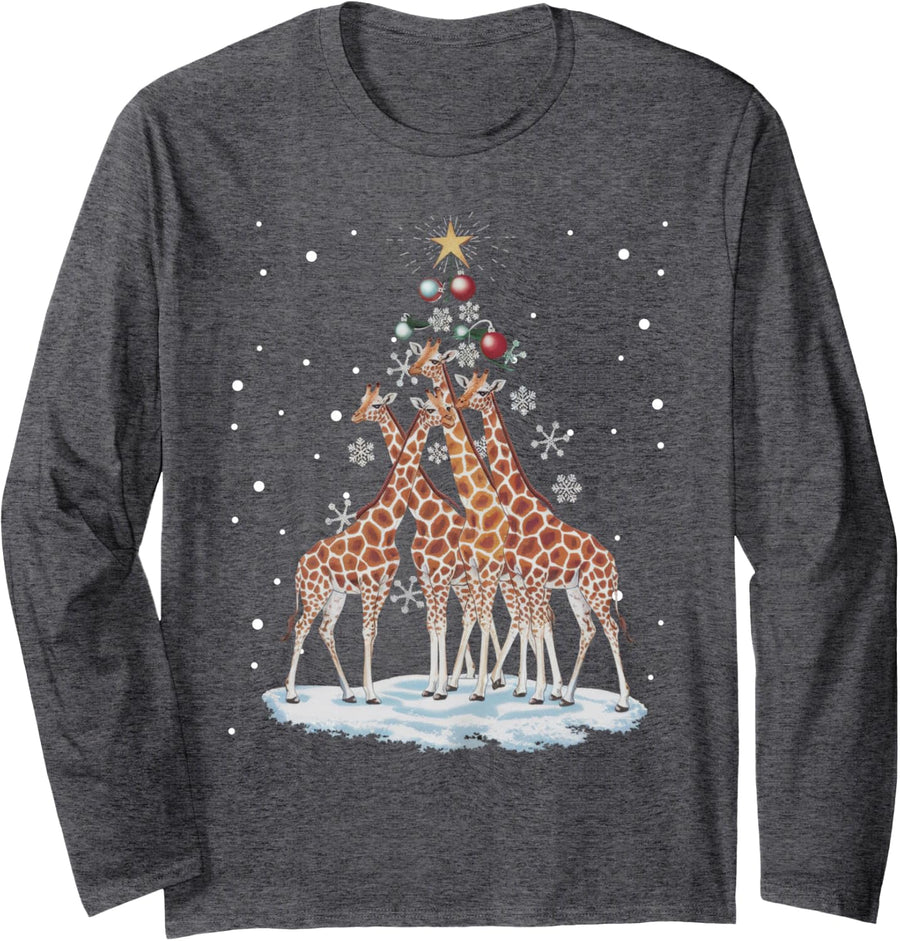 Giraffes Xmas Tree Giraffe Christmas Tree Merry Christmas Long Sleeve T-Shirt - Adult Unisex Dark Heather Grey