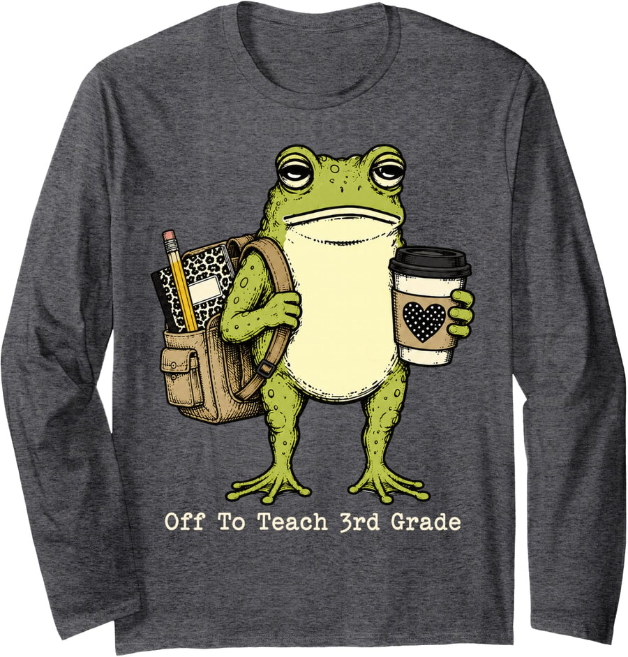 Back to School Off to Teach 3rd Grade Frog Teacher Kid Long Sleeve T-Shirt - Adult Unisex Dark Heather Grey