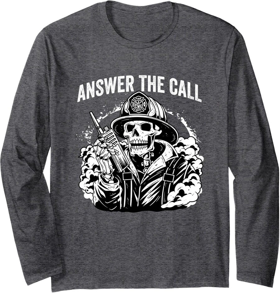 Answer The Call Firefighter Gift Fire Dept Volunteer Fireman Long Sleeve T-Shirt - Adult Unisex Dark Heather Grey