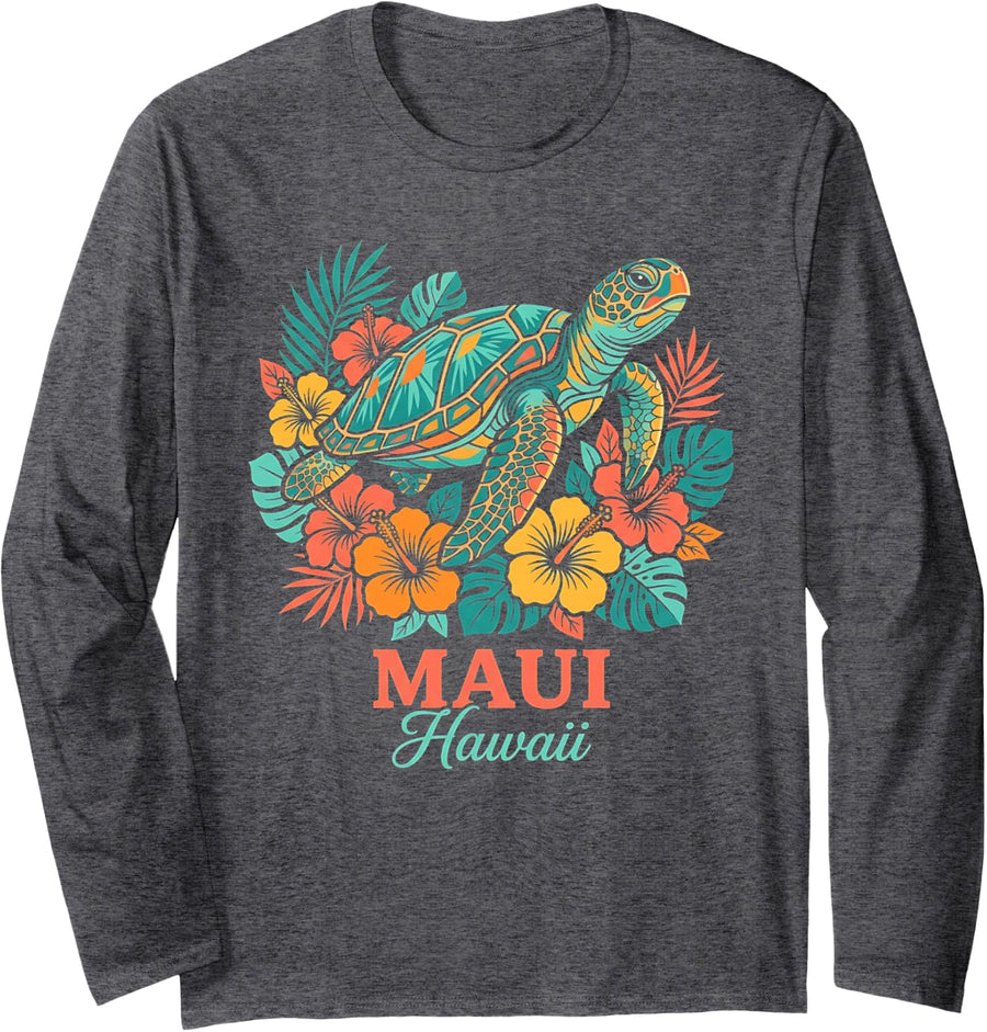 Maui Hawaii Sea Turtle Scuba Diving Flower Hawaiian Beach Long Sleeve T-Shirt - Adult Unisex Dark Heather Grey