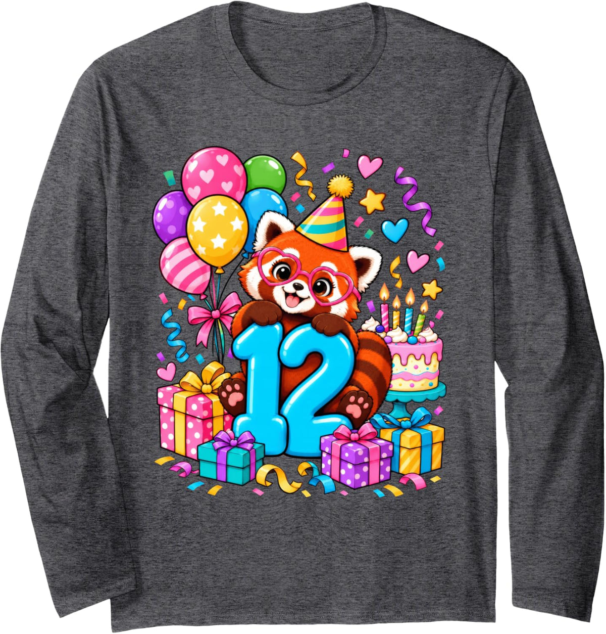 Red Panda Lover 12 Year Old Birthday 12th Animal Theme Long Sleeve T-Shirt - Adult Unisex Dark Heather Grey