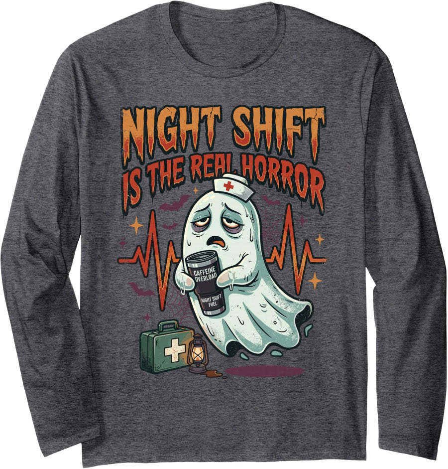 Night Shift Ghost Nurse Halloween Vintage Long Sleeve T-Shirt - Adult Unisex Dark Heather Grey