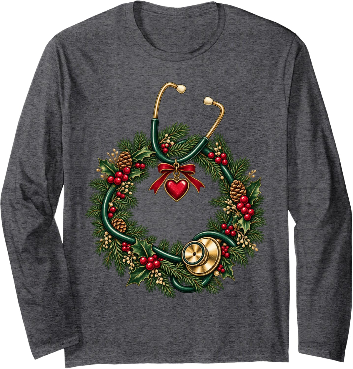 Christmas Nurse Stethoscope Wreath Medical Holiday Long Sleeve T-Shirt - Adult Unisex Dark Heather Grey