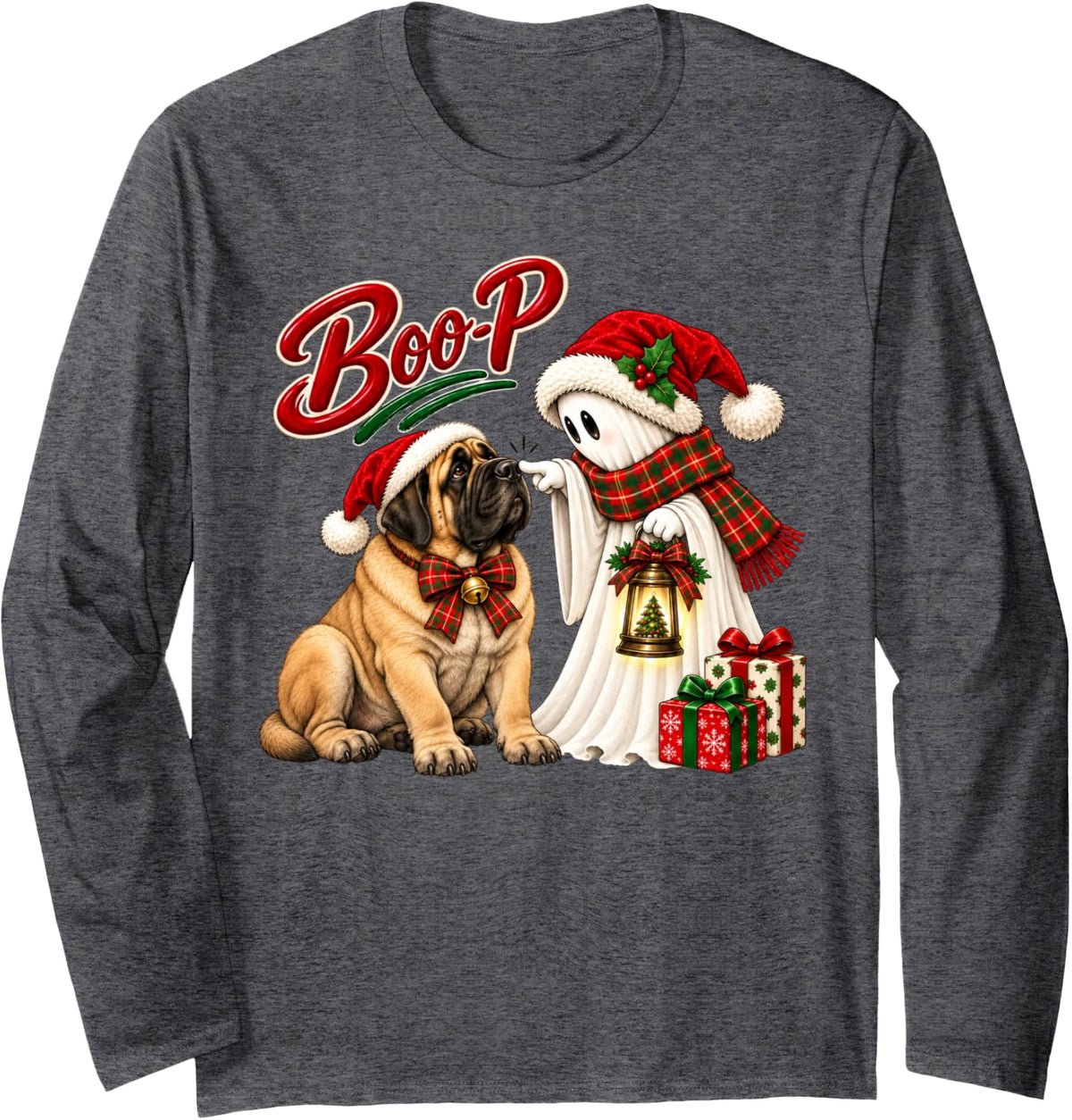 Mastiff Boo Boo-p Ghost Nose Boop Christmas Dog Lover Long Sleeve T-Shirt - Adult Unisex Dark Heather Grey