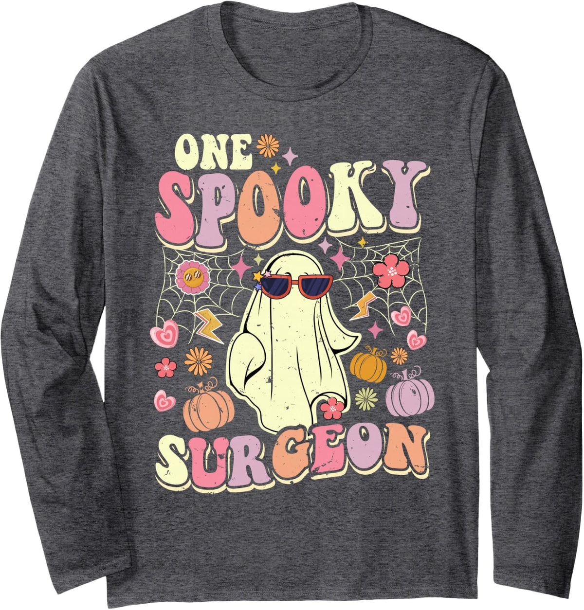 One Spooky Surgeon Halloween Ghost Physician Long Sleeve T-Shirt - Adult Unisex Dark Heather Grey