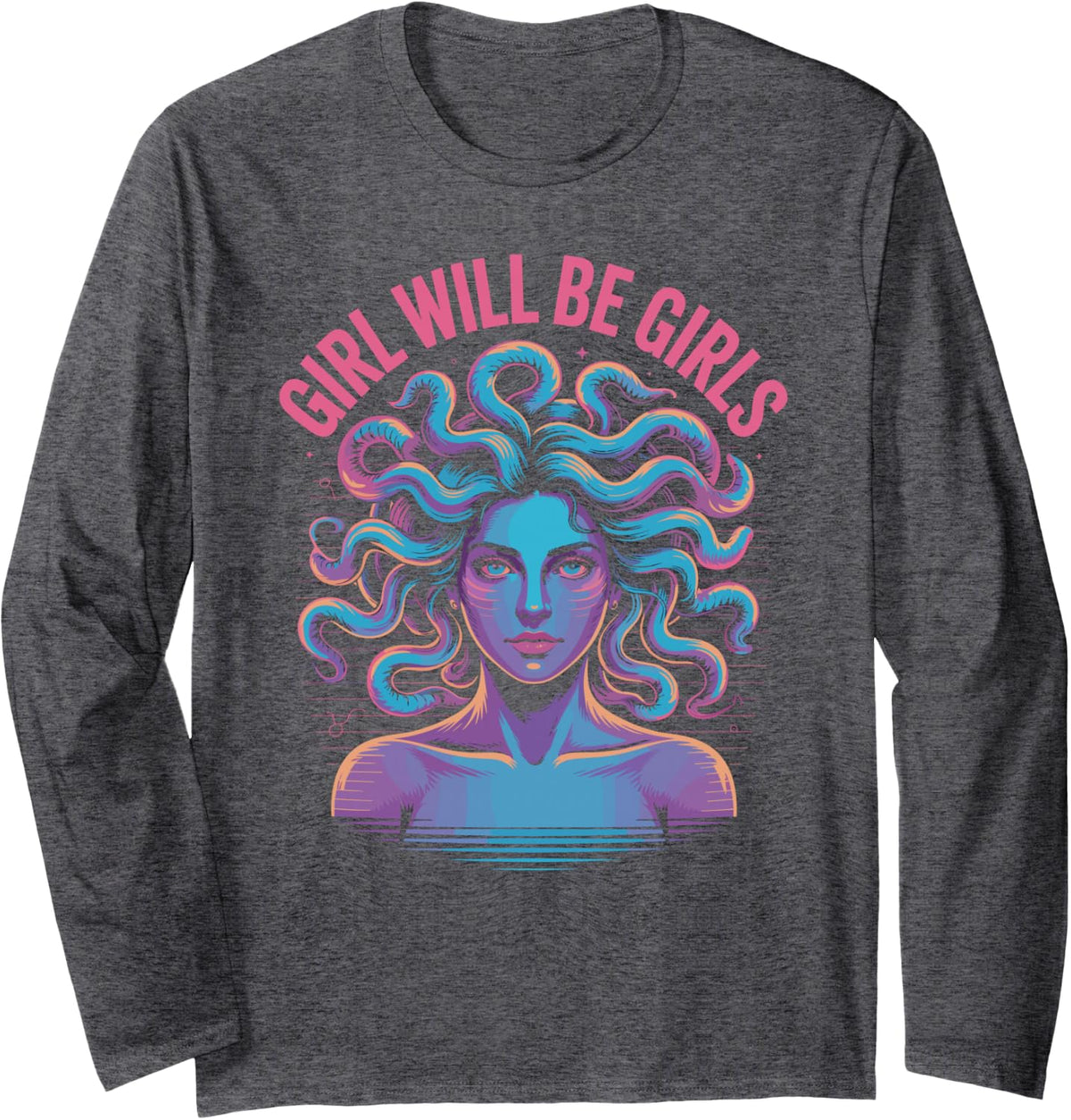Cyberpunk Medusa Empowerment Graphic Long Sleeve T-Shirt - Adult Unisex Dark Heather Grey